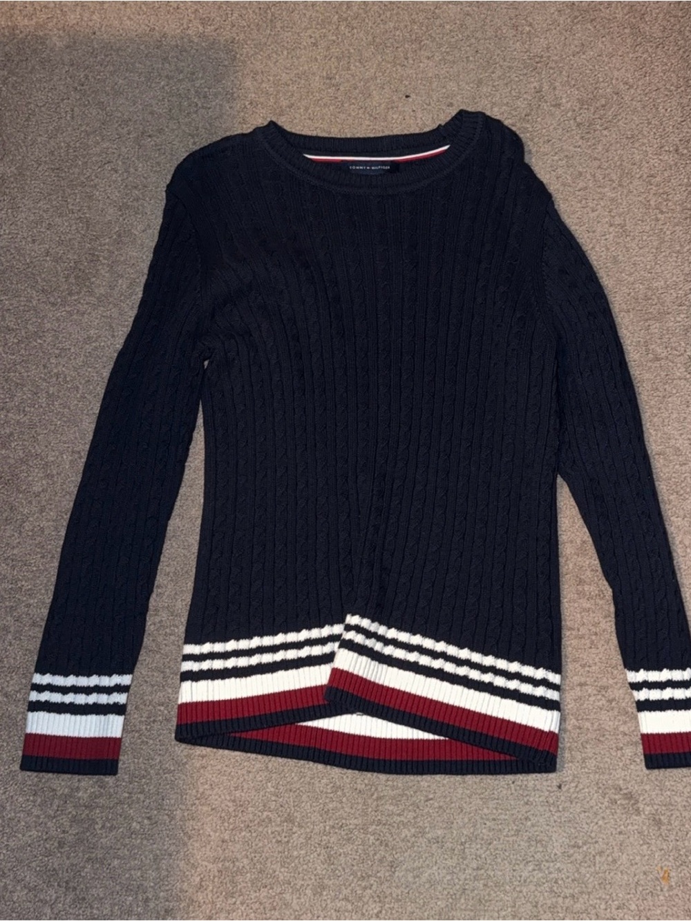 Tommy Hilfiger Navy Cable-Knit Crew Sweater with Red & White Stripe